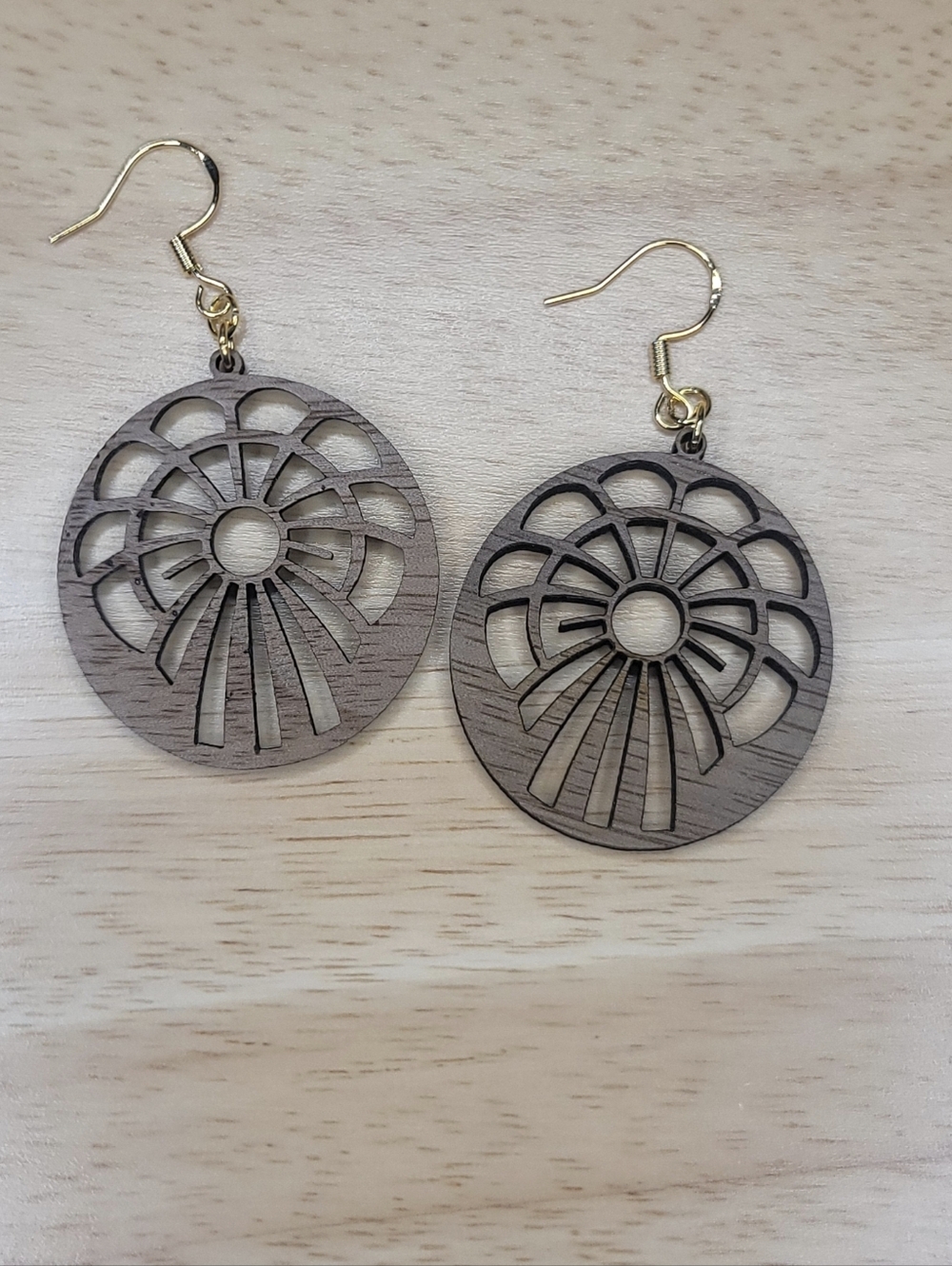 Wooden Filigree Disk Earrings - Brown